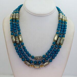 18 inch, Vintage Blue Sphere Beads Gold Tone Unique MultiStrand Necklace - X27
